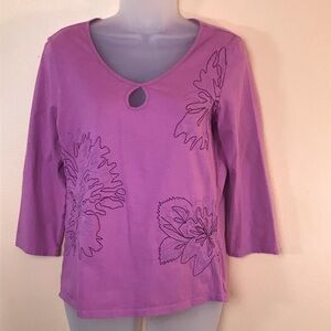 J Jill Floral Embroidered 3/4 Sleeve Fuchsia Tunic Shirt Women S